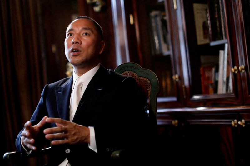 © Reuters. FILE PHOTO: Billionaire businessman Guo Wengui speaks during an interview in New York City, U.S., April 30, 2017.  REUTERS/Brendan McDermid//File Photo