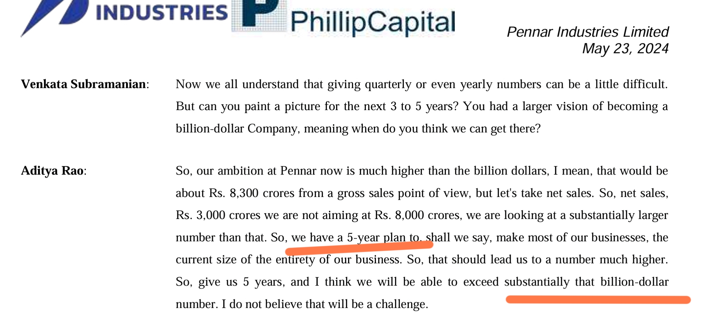 Pennar : 5 Year Plan