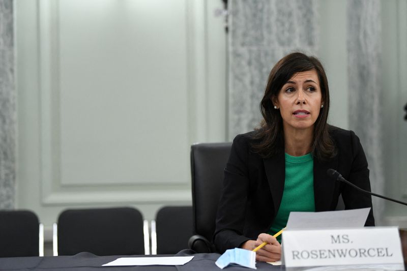 © Reuters. FILE PHOTO: Jessica Rosenworcel answers a question during an oversight hearing held by the U.S. Senate Commerce, Science, and Transportation Committee for the Federal Communications Commission (FCC), in Washington, U.S. June 24, 2020. Jonathan Newton/Pool via REUTERS/File Photo © Reuters. FILE PHOTO: Jessica Rosenworcel answers a question during an oversight hearing held by the U.S. Senate Commerce, Science, and Transportation Committee for the Federal Communications Commission (FCC), in Washington, U.S. June 24, 2020. Jonathan Newton/Pool via REUTERS/File Photo