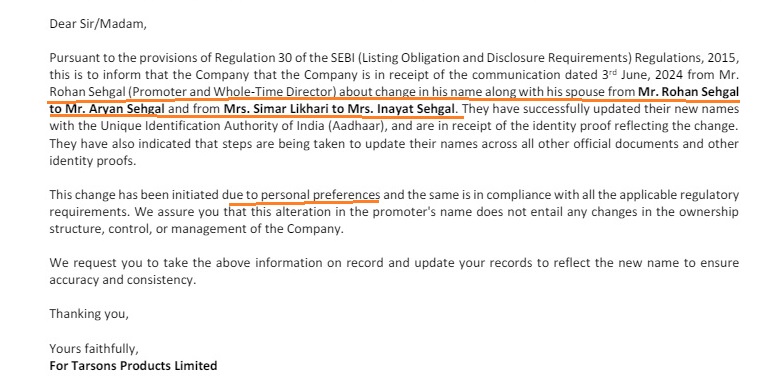 Tarsons: Change in Name