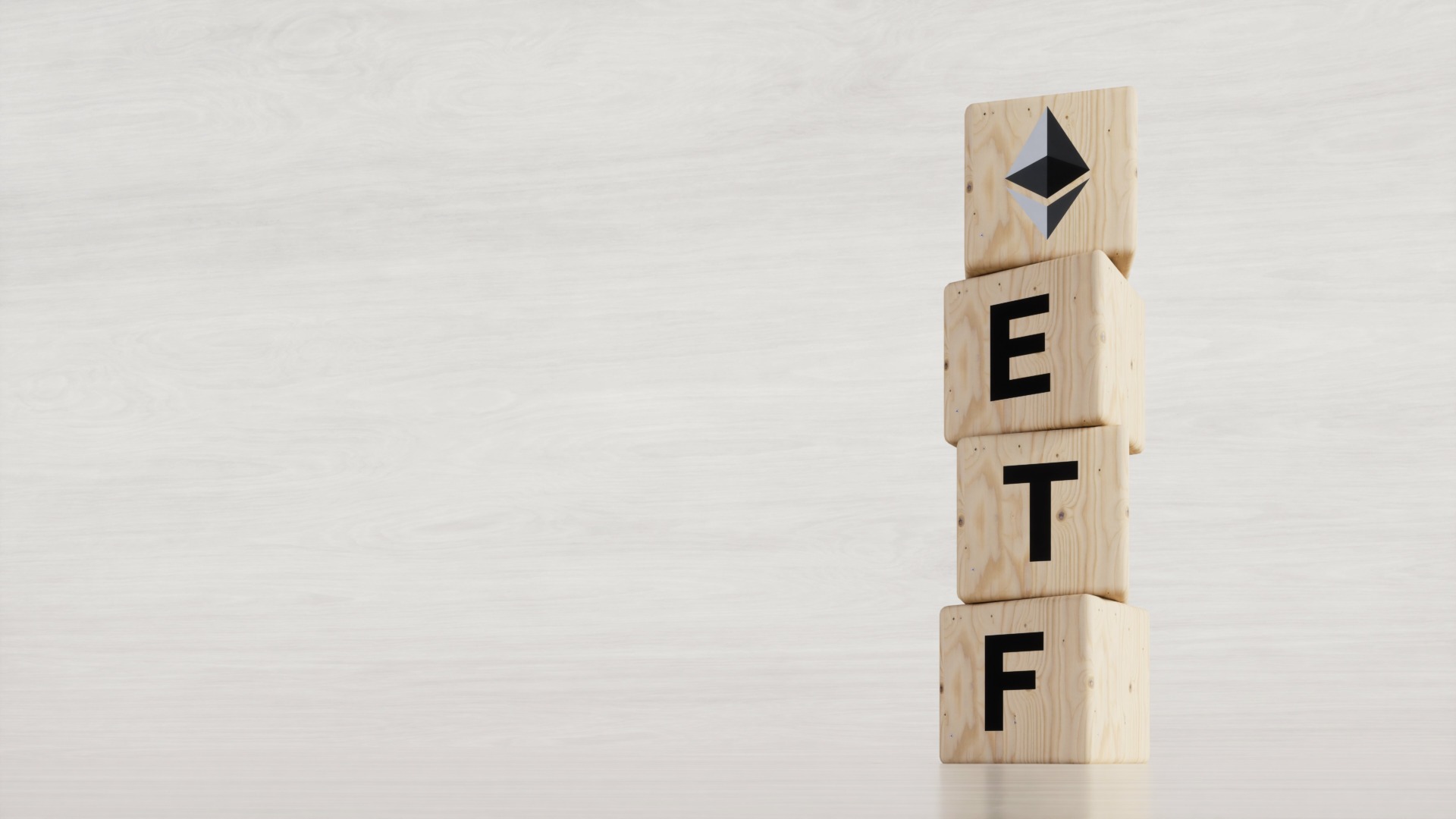 EDITORIAL, Exchange Traded Fund (ETF) and Ethereum cryptodivisa concept. Introduce the concept of digital money background. Wooden vertical cube with bitcoin icon standing with "ETF" text.