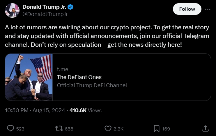 Donald Trump Jr. Launches Telegram Channel for DeFi Project - AabeyLLC Crypto