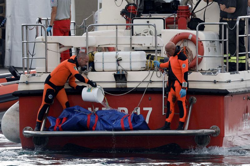 © Reuters. FILE PHOTO: Rescue personnel pour water on a body bag containing the corpse of British entrepreneur Mike Lynch, who died when a yacht owned by his family sank off the coast of Porticello, near the Sicilian city of Palermo, Italy, August 22, 2024. REUTERS/Louiza Vradi/File Photo