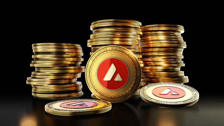 Avalanche with group of coins on the black background. Decentralized digital cryptocurrency symbol. 3D illustration.