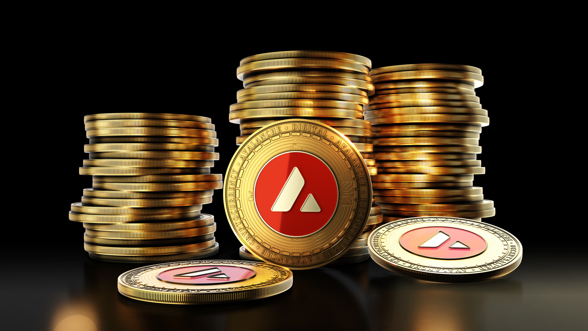 Avalanche with group of coins on the black background. Decentralized digital cryptocurrency symbol. 3D illustration.