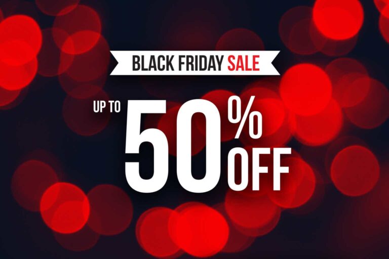 Black Friday sale up to 50% off illustration banner design with red bokeh lights background