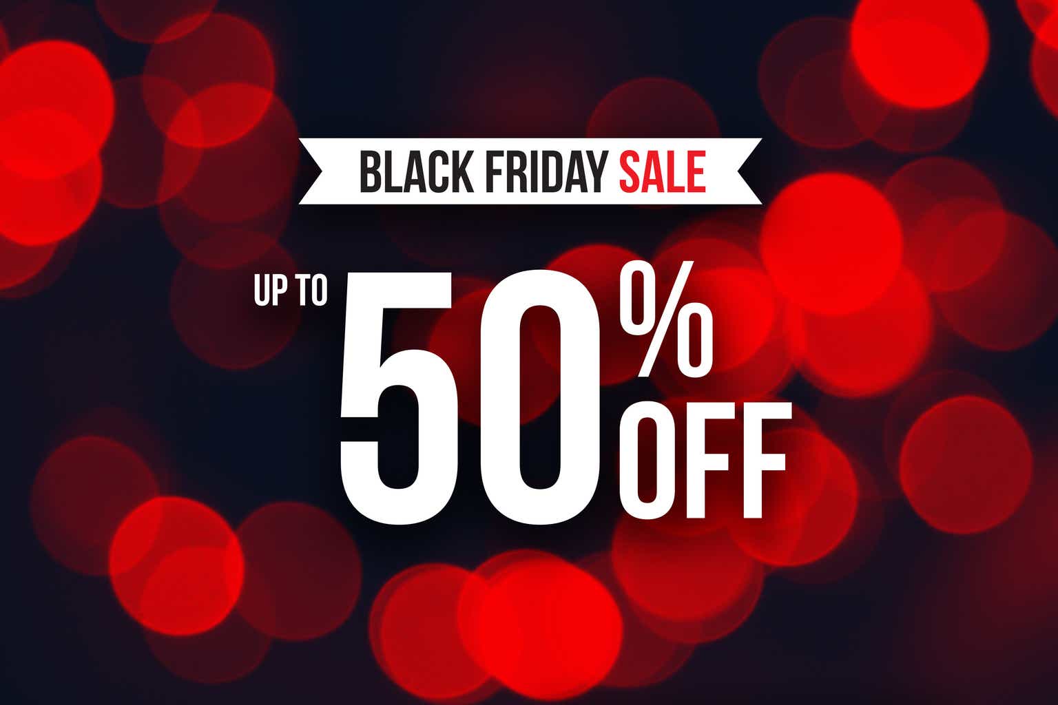 Black Friday sale up to 50% off illustration banner design with red bokeh lights background