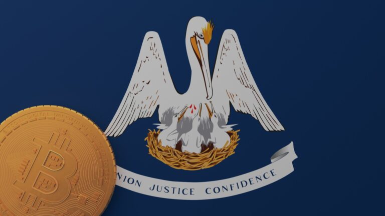 Gold Bitcoin in the Bottom Left Corner on the US State Flag of Louisiana