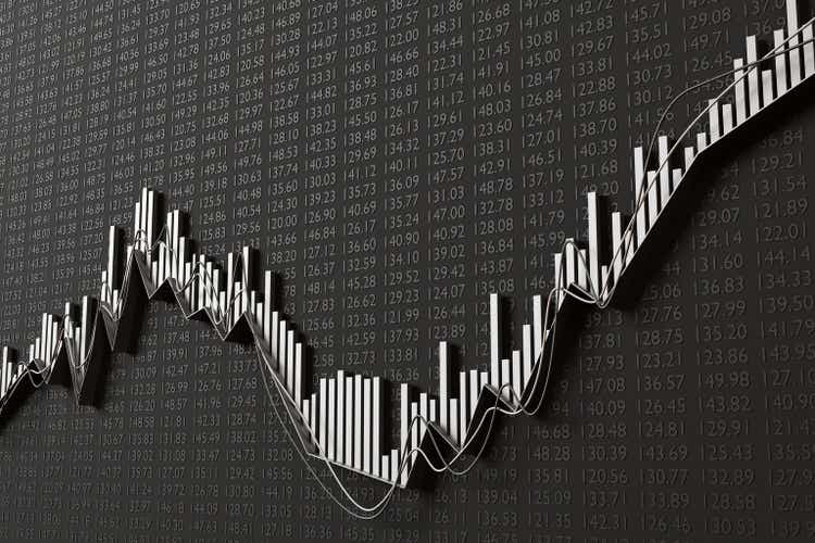 Silver line graph, bar chart and analytical trend lines on black background having stock quotes. Illustration of the concept of investment