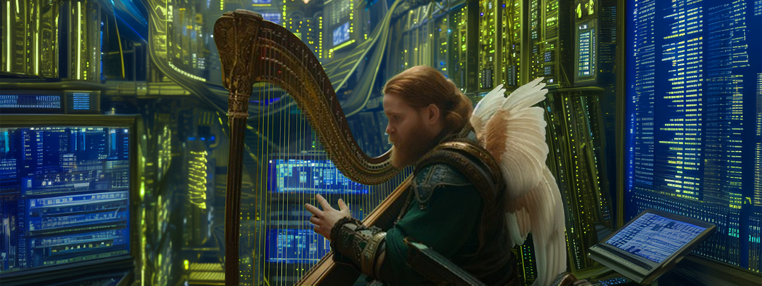An angel with a harp in a tech room