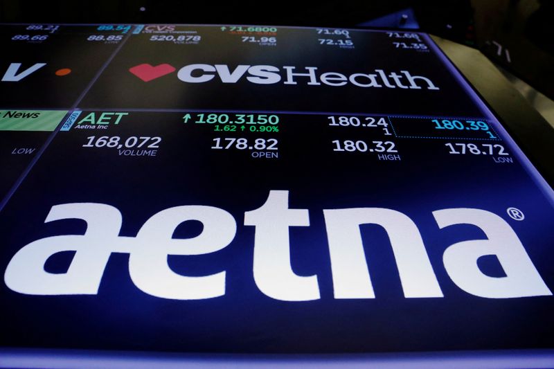 © Reuters. FILE PHOTO: Logos of CVS and Aetna are displayed on a monitor above the floor of the New York Stock Exchange shortly after the opening bell in New York, U.S., December 5, 2017. REUTERS/Lucas Jackson/File Photo © Reuters. FILE PHOTO: Logos of CVS and Aetna are displayed on a monitor above the floor of the New York Stock Exchange shortly after the opening bell in New York, U.S., December 5, 2017. REUTERS/Lucas Jackson/File Photo