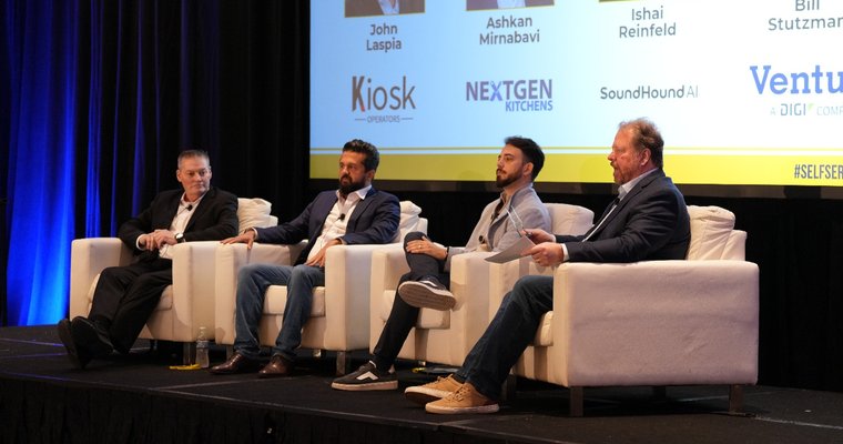 L to R: John Laspia, CEO, Kiosk Operators; Ashkan Mirnabavi, founder/CEO, NextGen Kitchens; Ishai Reinfeld, director sales ops, customer success, SoundHound AI; Bill Stutzman, moderator.