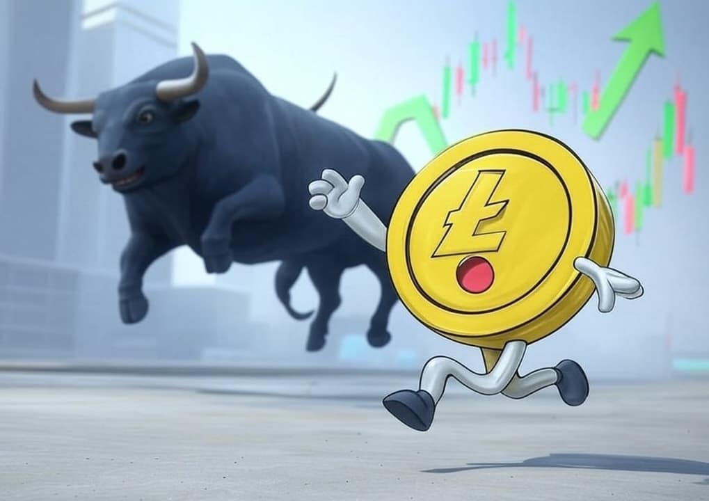 Drawing of a Litecoin running with a Bull