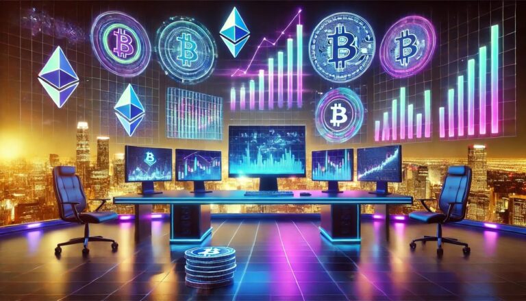 A digital illustration of crypto trading, featuring a futuristic trading desk with multiple monitors displaying live cryptocurrency charts