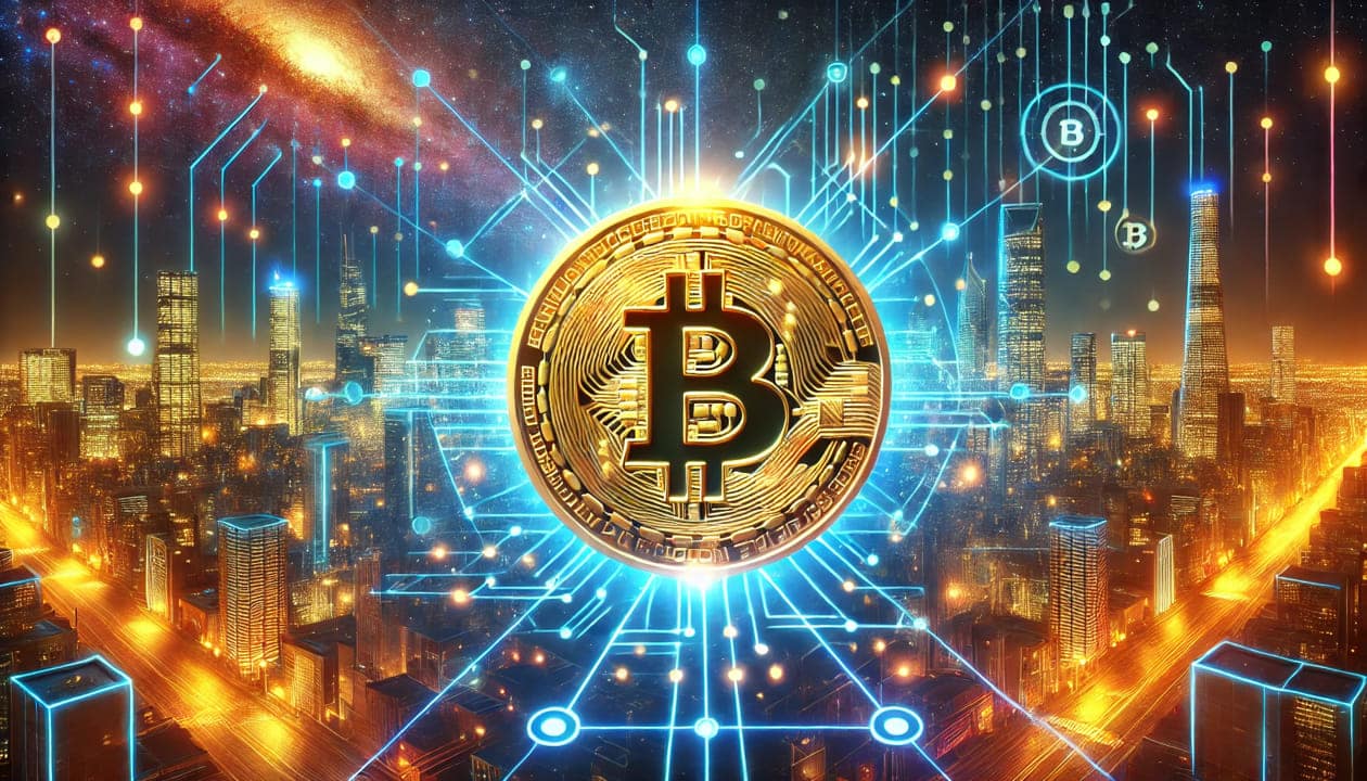 A digital illustration of a golden Bitcoin coin glowing in the center surrounded by a network of glowing blockchain nodes connected by neon blue lines