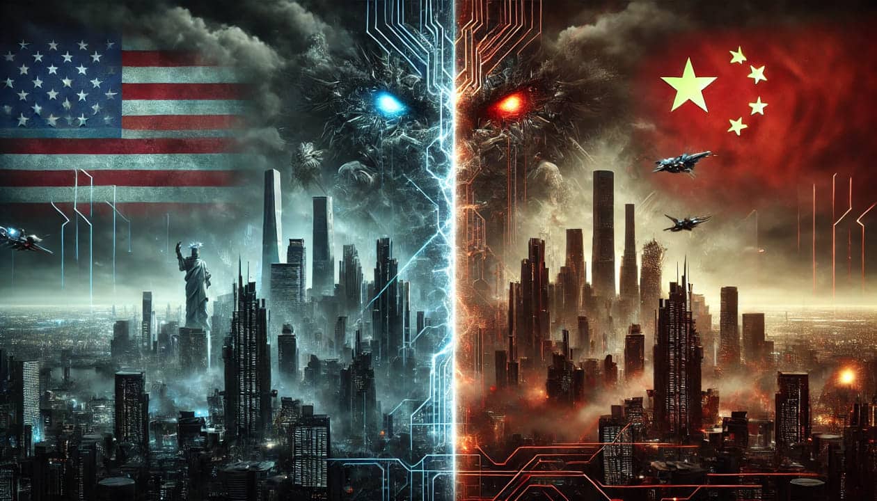 A dystopian futuristic scene depicting the technological competition between the United States and China in artificial intelligence