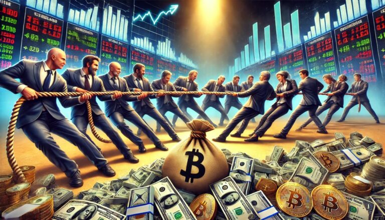 A digital painting depicting a group of billionaires engaged in a dramatic tug of war contest over bitcoin and the US dollar