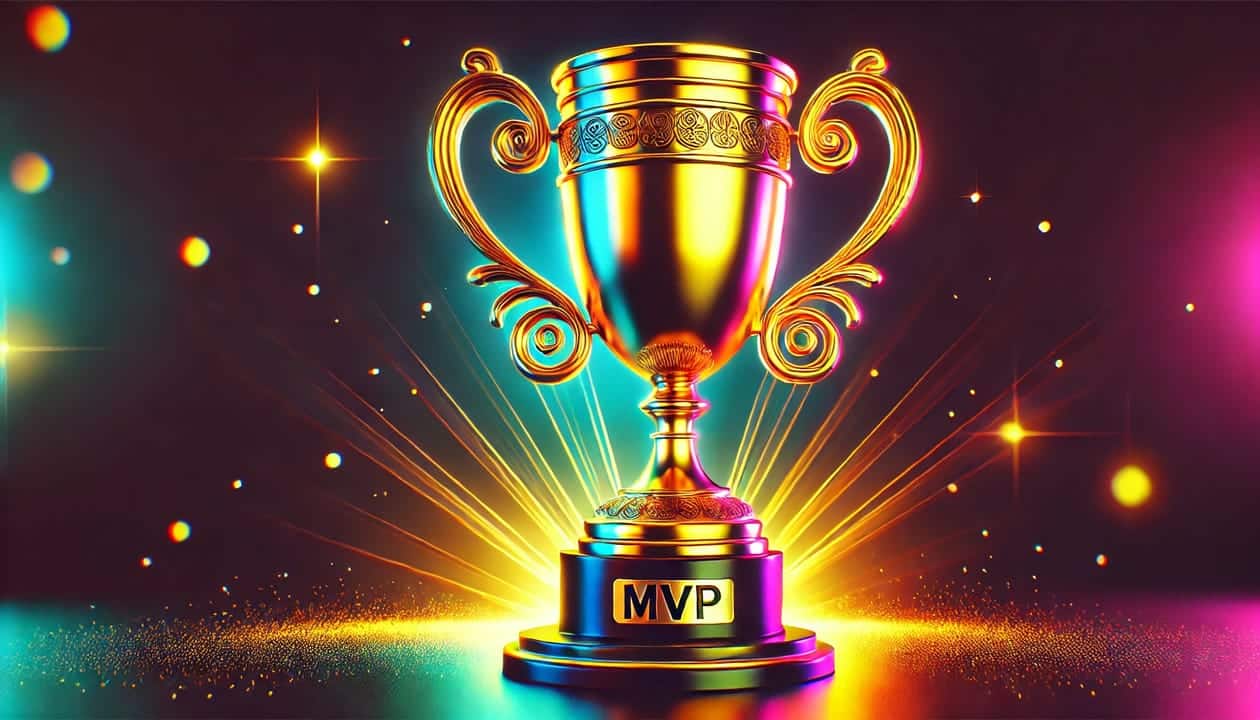 Digital rendering of an MVP reward cup, gold in color with a glossy finish, sitting on a sleek pedestal
