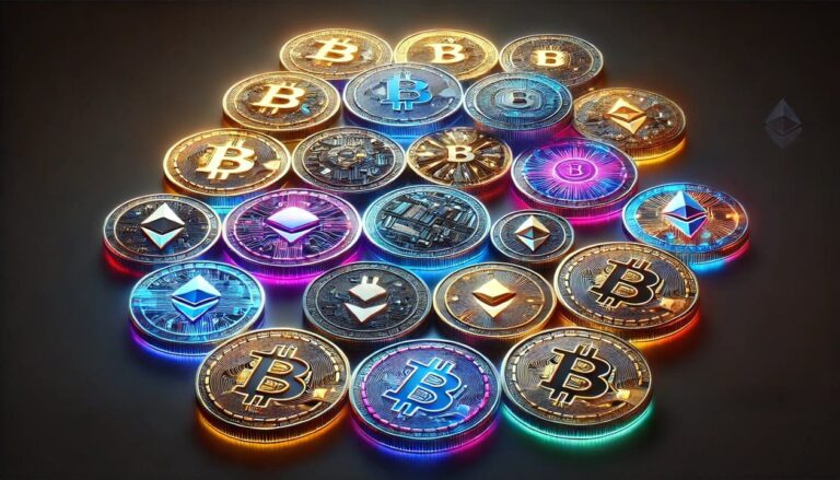A digital rendering of altcoins, featuring a variety of unique designs