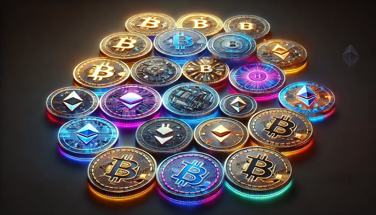A digital rendering of altcoins, featuring a variety of unique designs