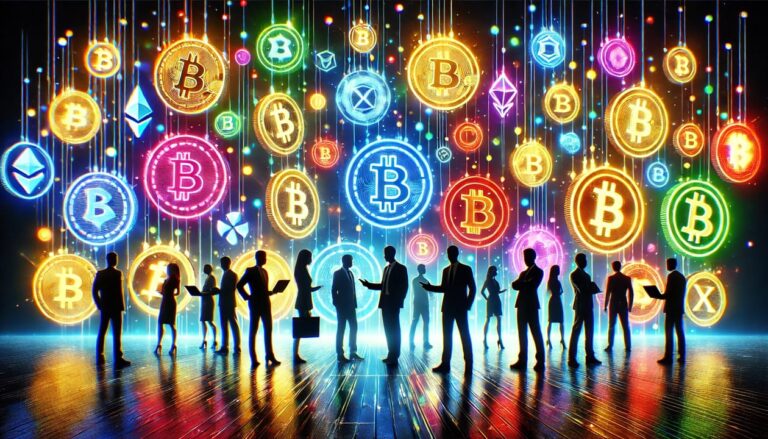 A digital illustration of institutional investors analyzing various altcoins