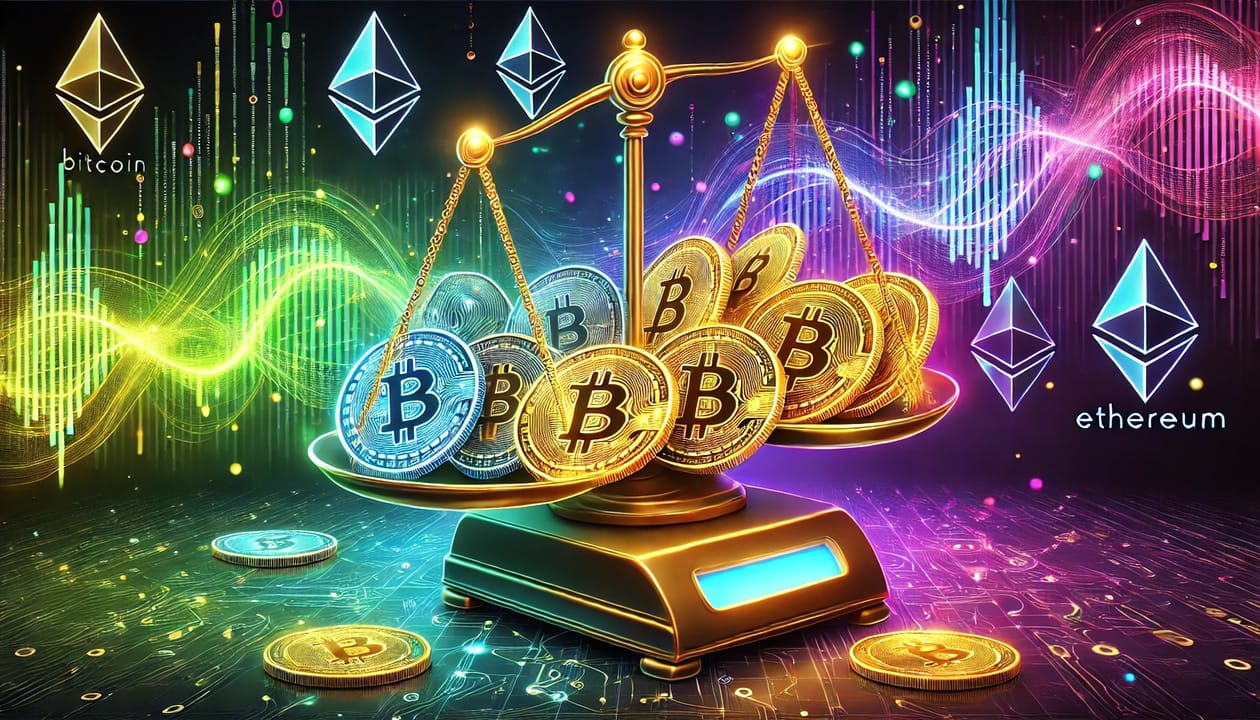 A digital illustration of rebalancing a cryptocurrency basket