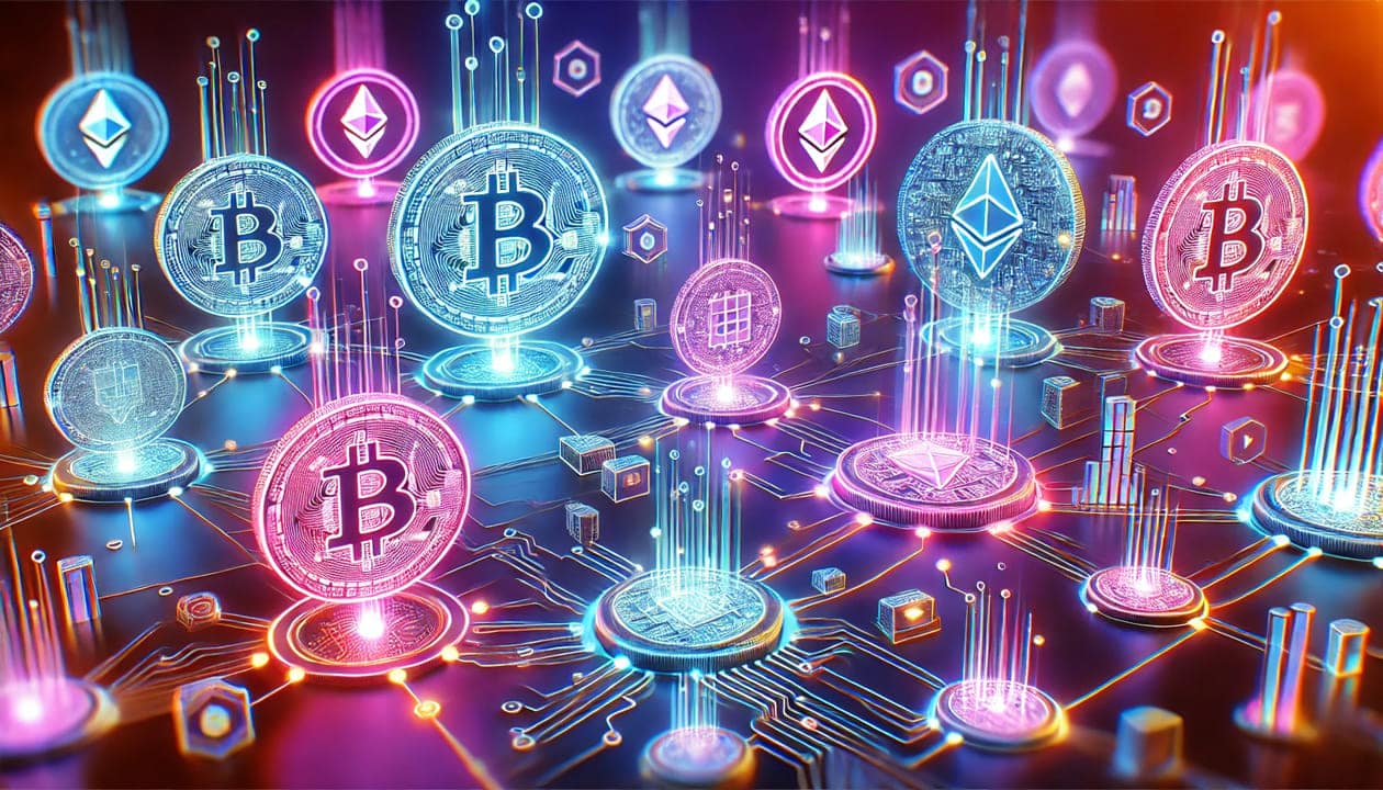 A digital illustration of tokenomics, featuring interconnected glowing tokens with various sizes, floating in a futuristic, abstract cyber landscape