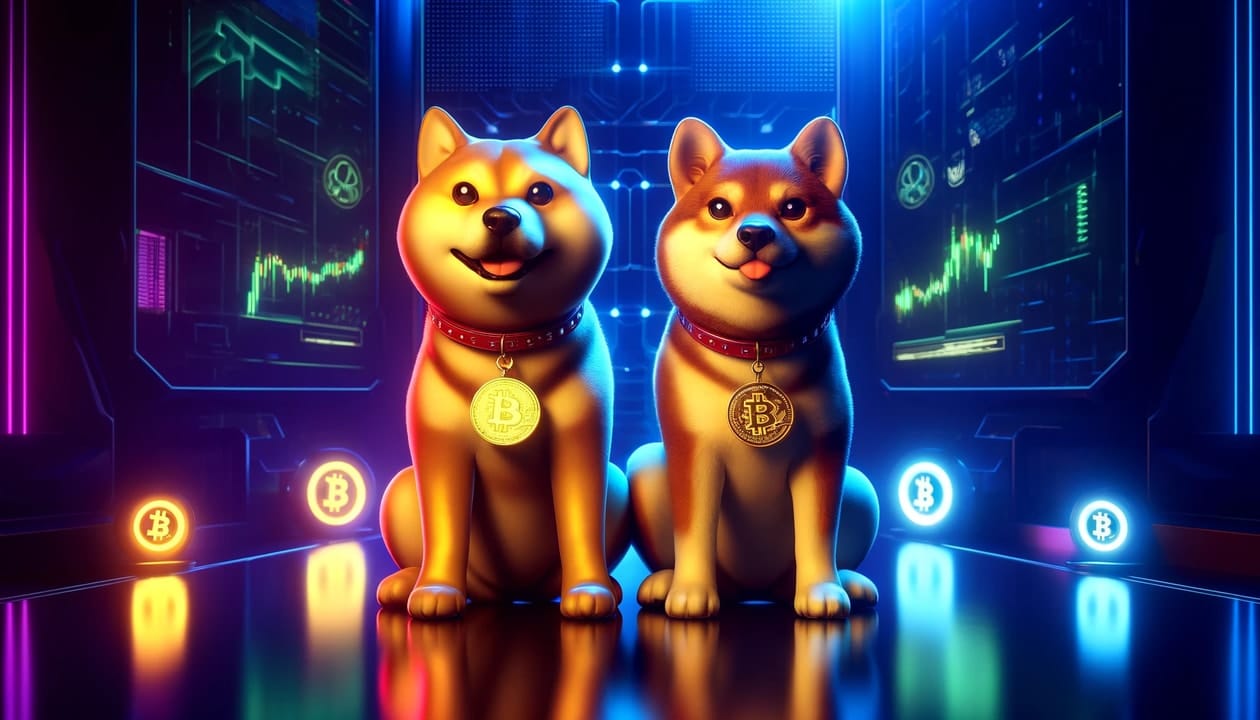 A digital illustration of Dogecoin and Shiba Inu, depicted as two friendly, cartoonish dogs sitting side by side in a futuristic cryptocurrency setting