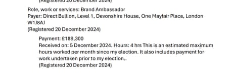 Entry for Farage in register of MPs' interests