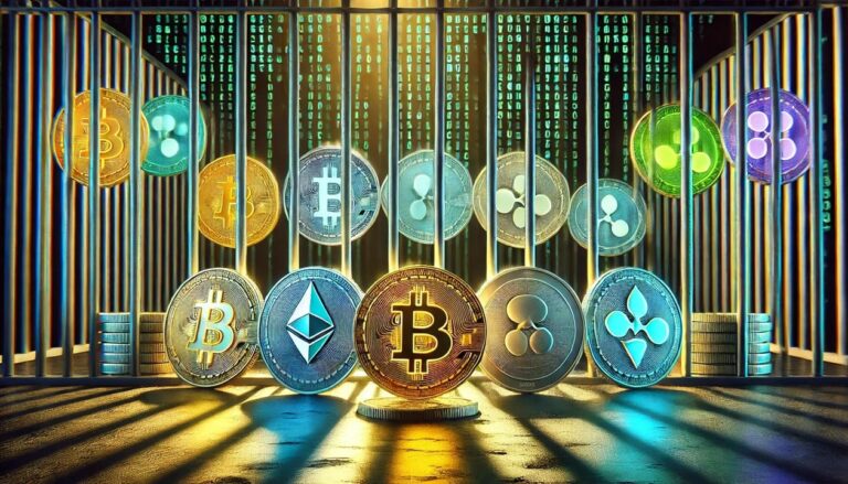 A digital illustration of various cryptocurrencies, represented by glowing coins with logos (Bitcoin, Ethereum, Ripple, and others), trapped behind bars