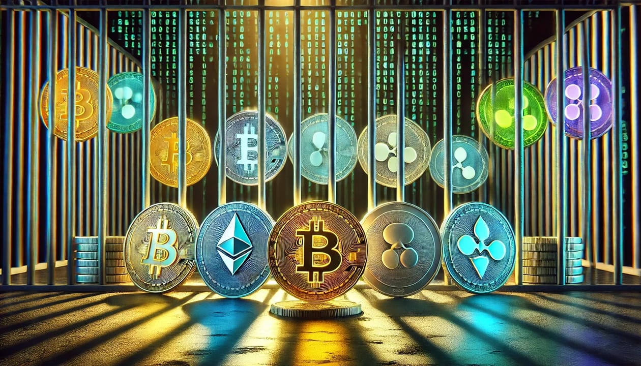 A digital illustration of various cryptocurrencies, represented by glowing coins with logos (Bitcoin, Ethereum, Ripple, and others), trapped behind bars