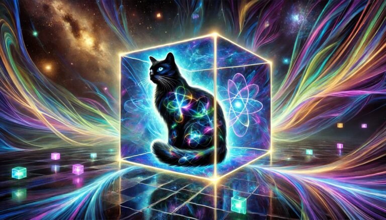 Digital painting of Schrödinger's cat, depicted as a black and white cat with glowing, quantum inspired patterns on its fur source GuerillaStockTrading