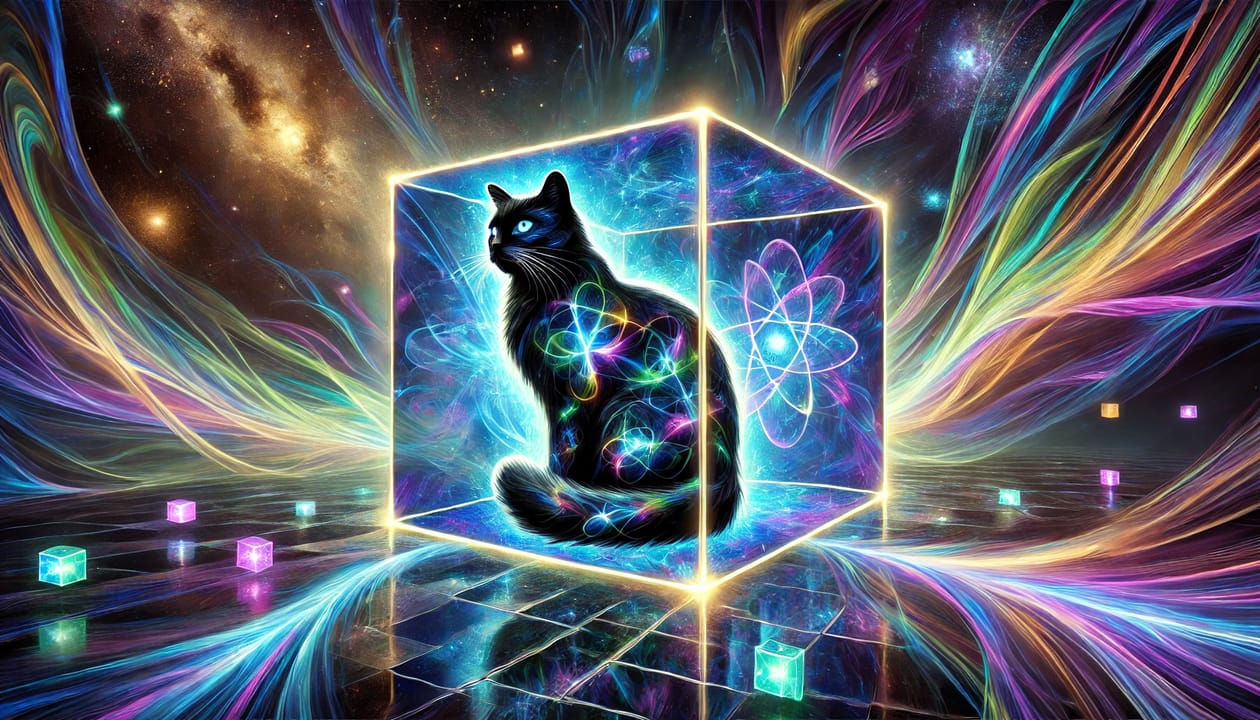 Digital painting of Schrödinger's cat, depicted as a black and white cat with glowing, quantum inspired patterns on its fur source GuerillaStockTrading