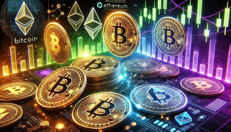A digital artwork of cryptocurrency investing, featuring glowing coins such as Bitcoin, Ethereum, and others, with intricate blockchain symbols