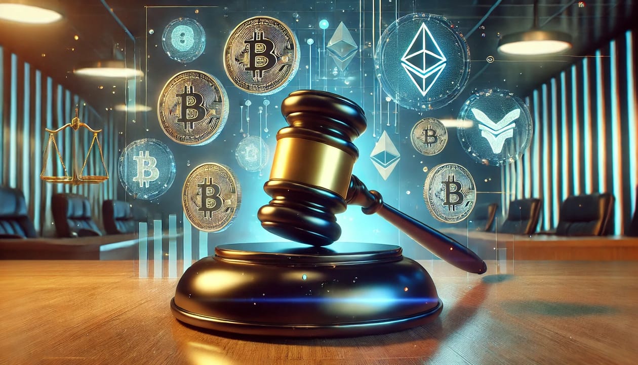 A digital art representation of cryptocurrencies and a legal gavel, showcasing a symbolic balance between digital finance and legal governance