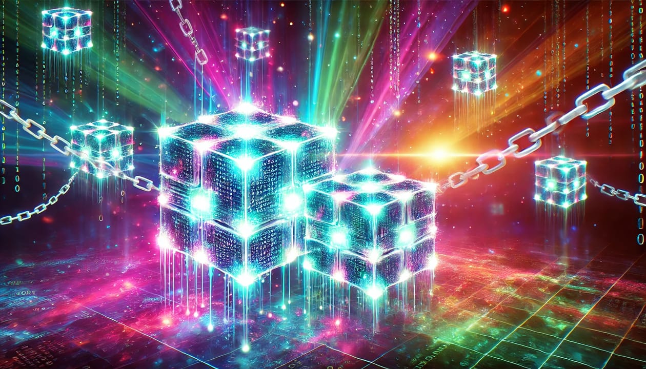 Image of blockchain technology, featuring a glowing, interconnected web of blocks and chains symbolizing a decentralized network