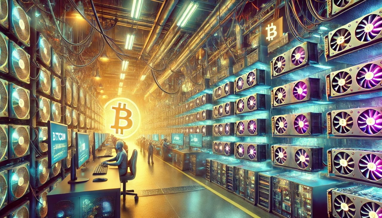 scene of a Bitcoin mining operation with GPUs guerillastocktrading