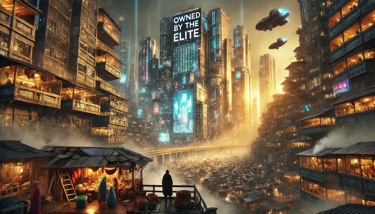 A digital painting of a dystopian future cityscape and division between the skyscrapers of the elite and the common folks or peasants below