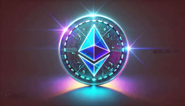 A digital illustration of an Ethereum coin with the Ethereum logo prominently displayed at the center