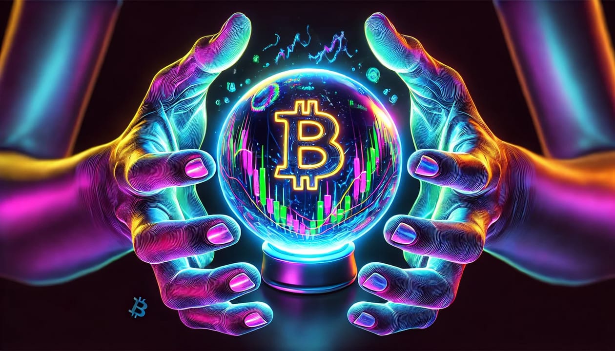 Image of a crystal ball being held by two hands, with vivid and glowing colors reflecting off the glass