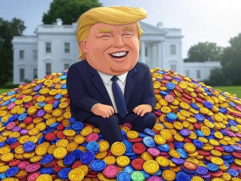 A drawing of President Trump sitting on a pile of altcoins in front of the White House