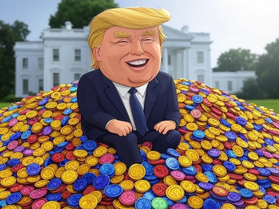 A drawing of President Trump sitting on a pile of altcoins in front of the White House