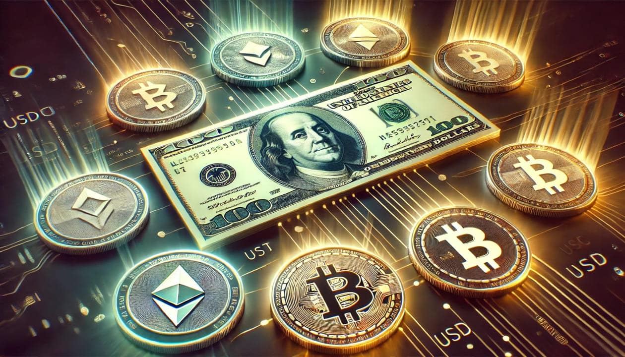 A digital illustration of a US dollar bill in the center, surrounded by various stablecoins represented as shining coins