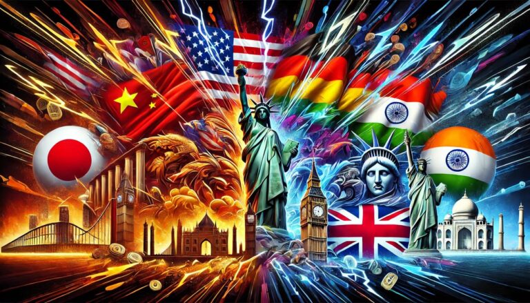 A digital artwork depicting a trade war between the US, China, Japan, Germany, India, and England