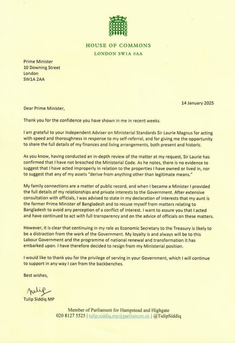 Tulip Siddiq's resignation letter