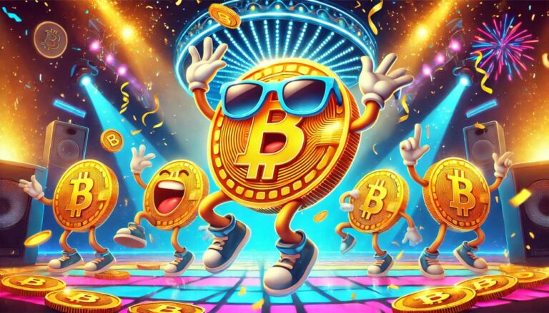 A colorful digital illustration of a Bitcoin coin with cartoonish arms and legs, joyfully dancing at a lively Bitcoin party