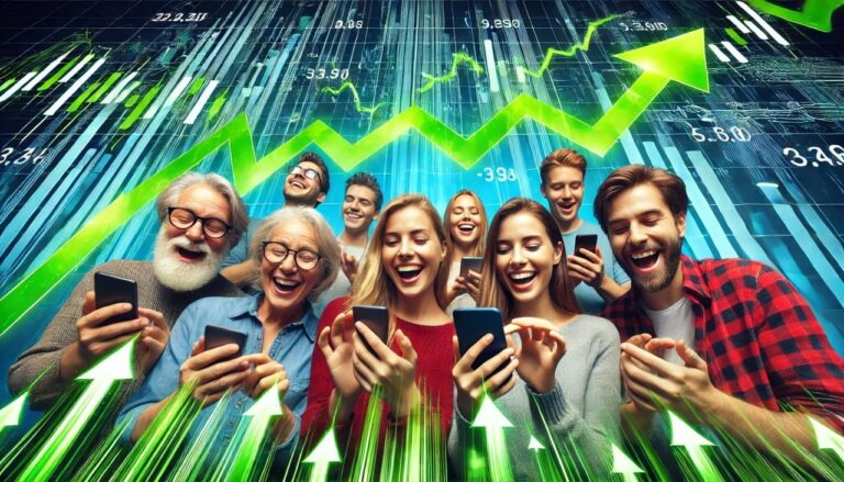 A stock market chart in the background with green upward trends and arrows guerillastocktrading