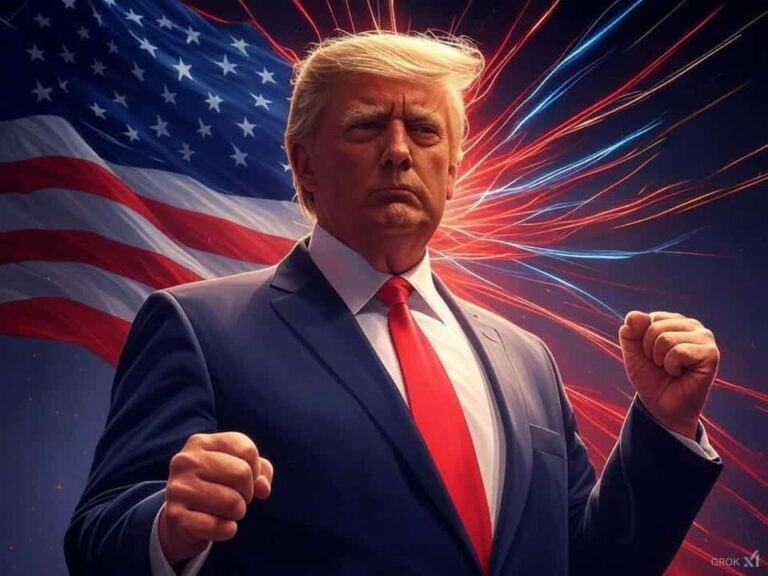 Drawing of President Trump in front of US flag