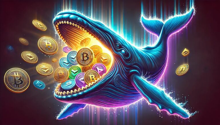 Artwork of a large whale with its mouth wide open, swallowing colorful altcoins