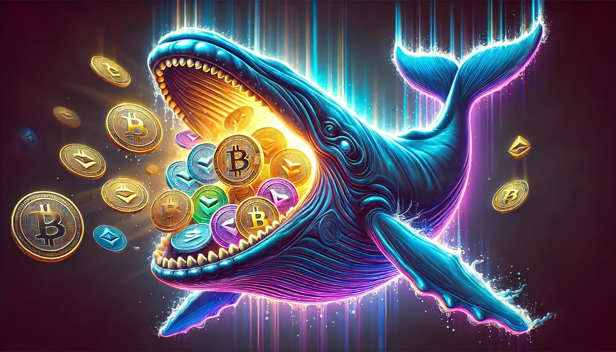 Artwork of a large whale with its mouth wide open, swallowing colorful altcoins